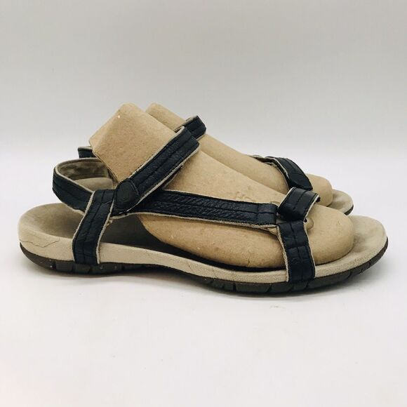 Teva 4218 Black Leather Sandal Women's 7 Hook & Loop Slip Resistant Strappy Shoe - Picture 1 of 9